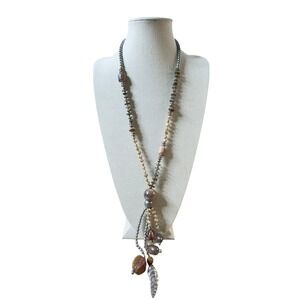 Vintage Artisan Y Drop Necklace Beaded Tassel Silver Tone Lariat Boho Statement